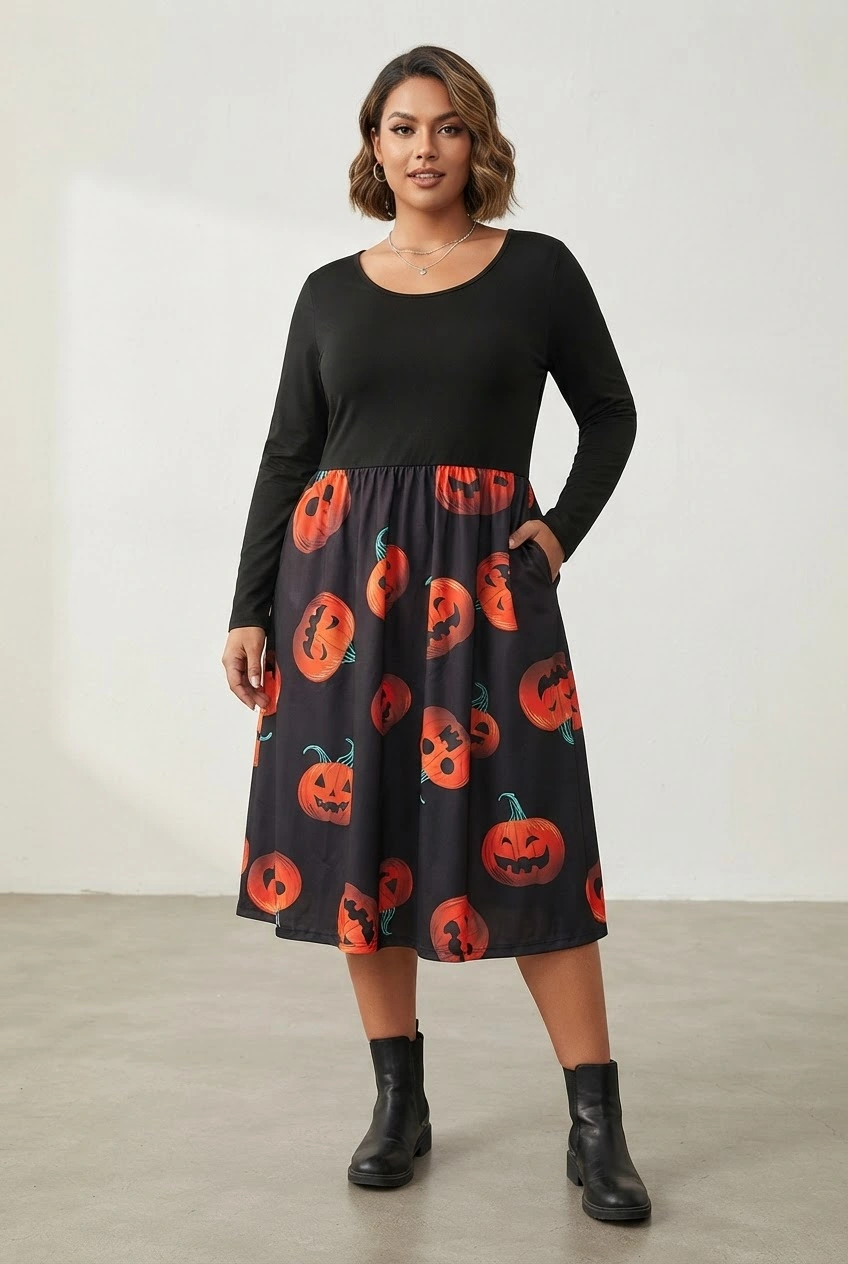Black and Orange Long Sleeve Dress
