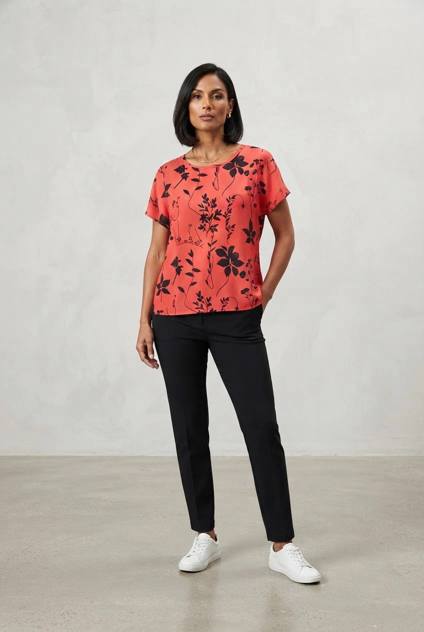 Coral red and Black Flower Top